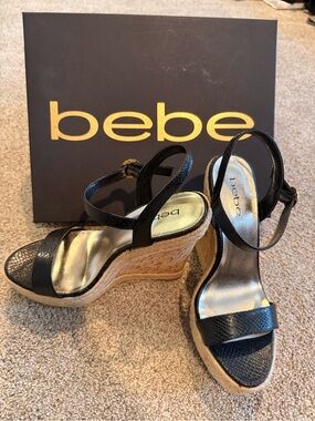 bebe Black Faux-Snakeskin Cork Wedge Sandals